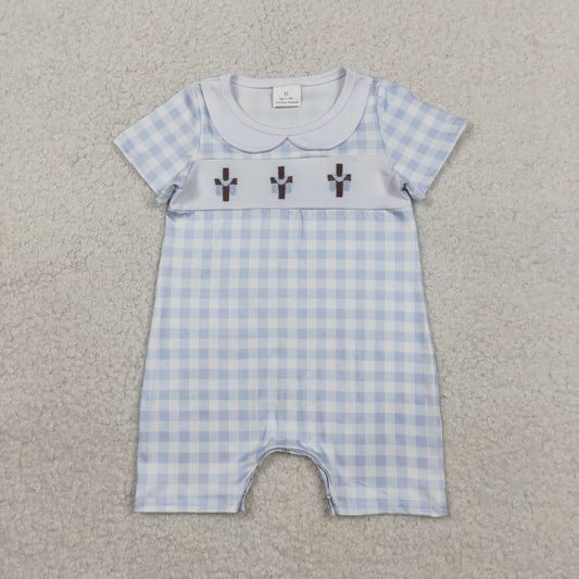 RTS NO MOQ SR3758 Baby Boys Blue Checked Rompers with Easter Collar Embroidery Crosses for Infants