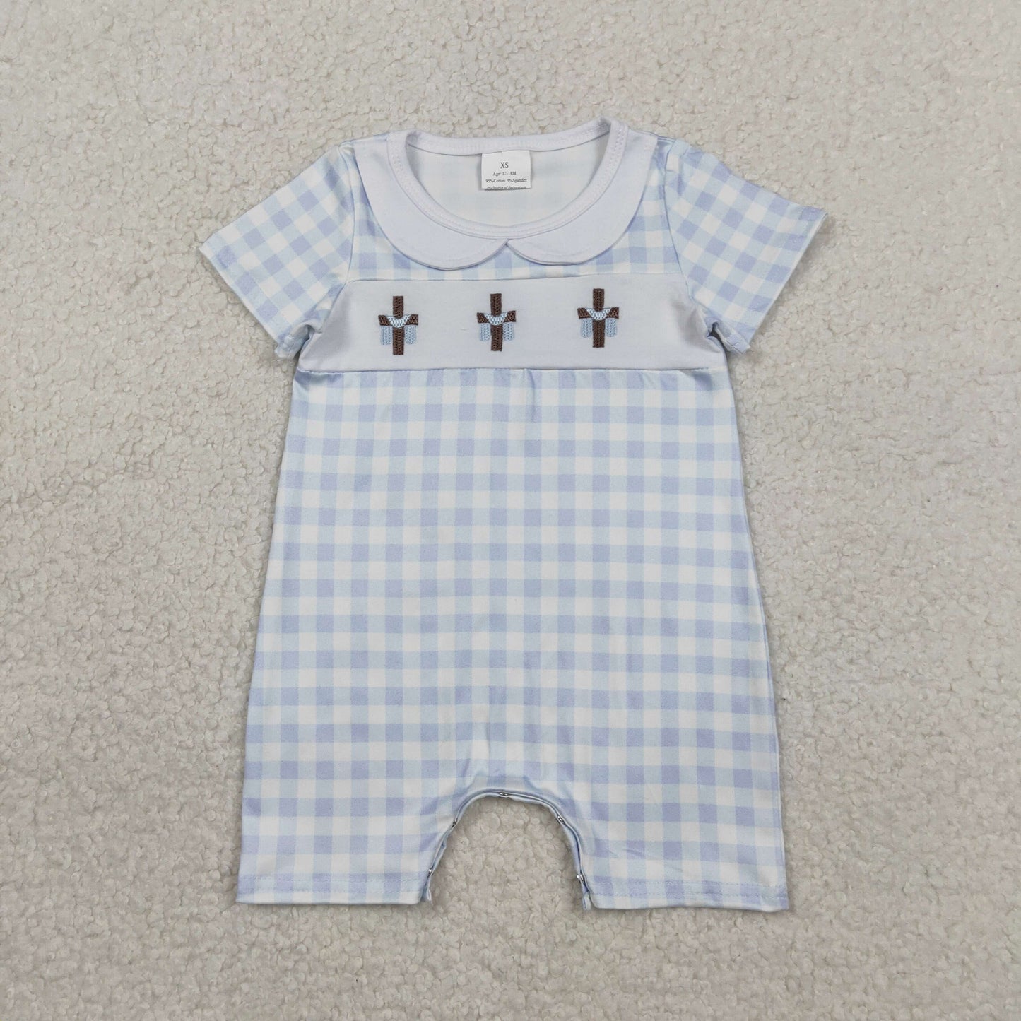 RTS NO MOQ Sibling Blue Checked Easter Collar Rompers for Baby with Embroidery Crosses