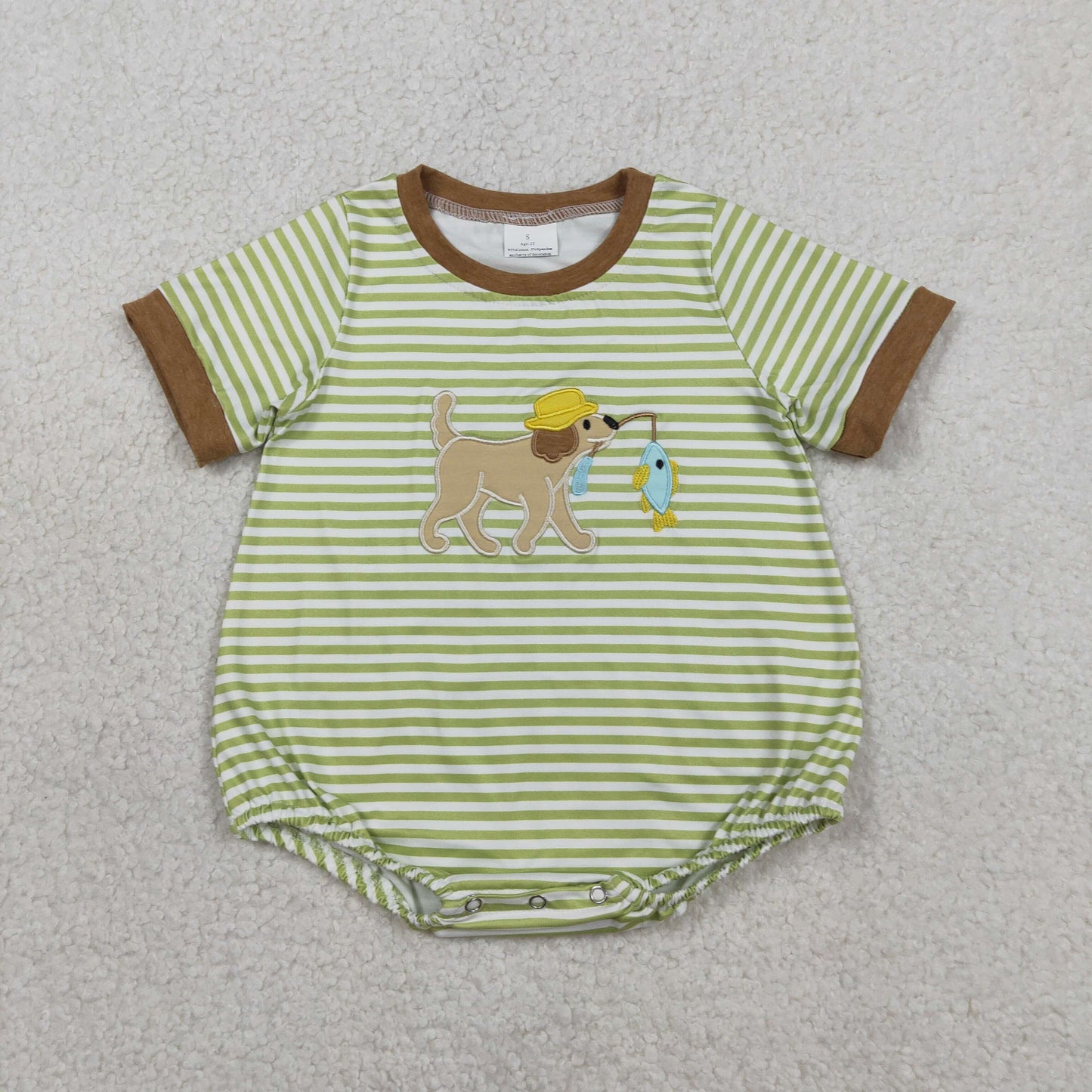 RTS NO MOQ Sibling Embroidery Dog Fishes Baby Boys Short Sleeve Rompers Striped Hunting Fishing Theme Outfit for Little Ones