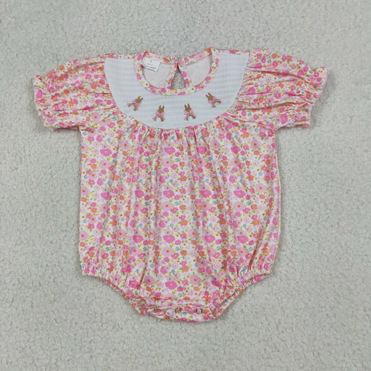 RTS NO MOQ SR3785 Baby Girls Pink Flowers Easter Ruffle Rompers Smocked Bow Rabbits Summer Outfit for Infants