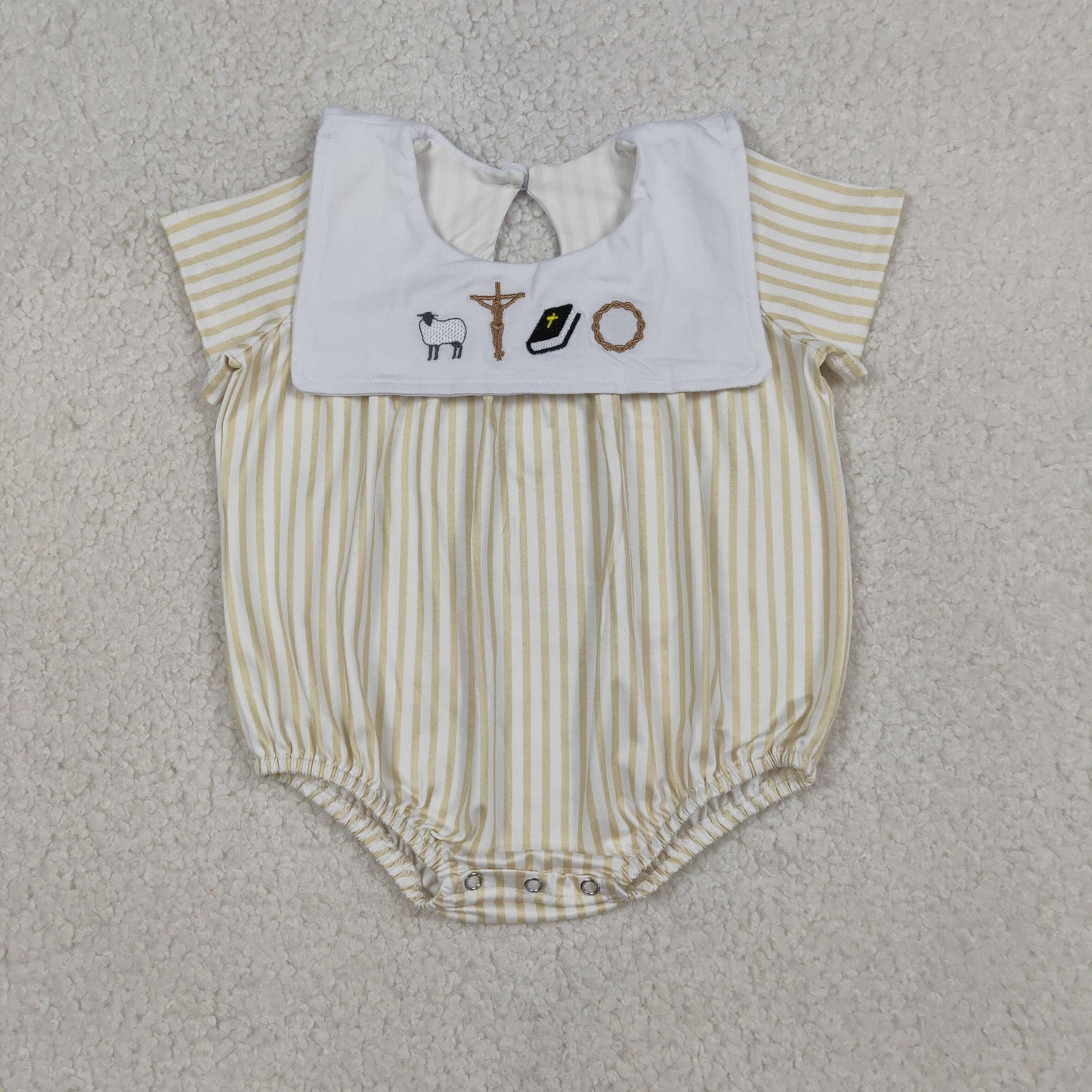 RTS NO MOQ Sibling Baby Boys Yellow Stripe Embroidery Cross Top Short Clothes Set Rompers for Infants