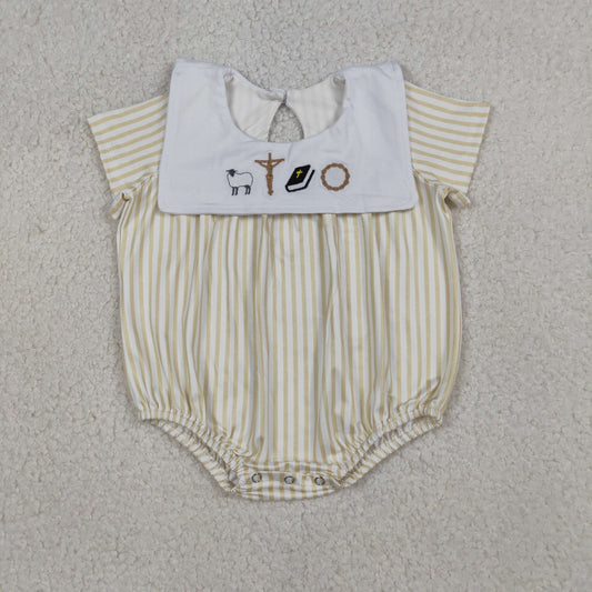 RTS NO MOQ SR3802 Embroidery Cross Baby Boys Sleeveless Romper with Yellow Stripe