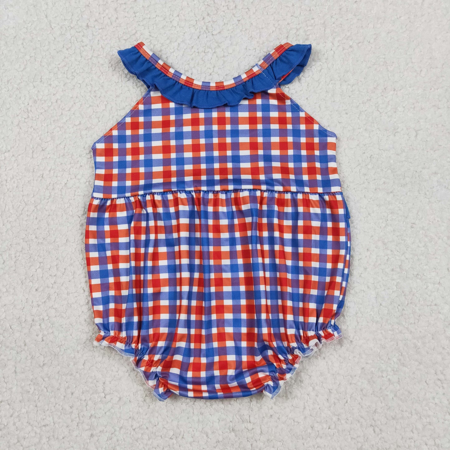 RTS NO MOQ milk silk SR3835 Baby Girls Farm Animal Embroidery Red Blue Checked Ruffle Rompers