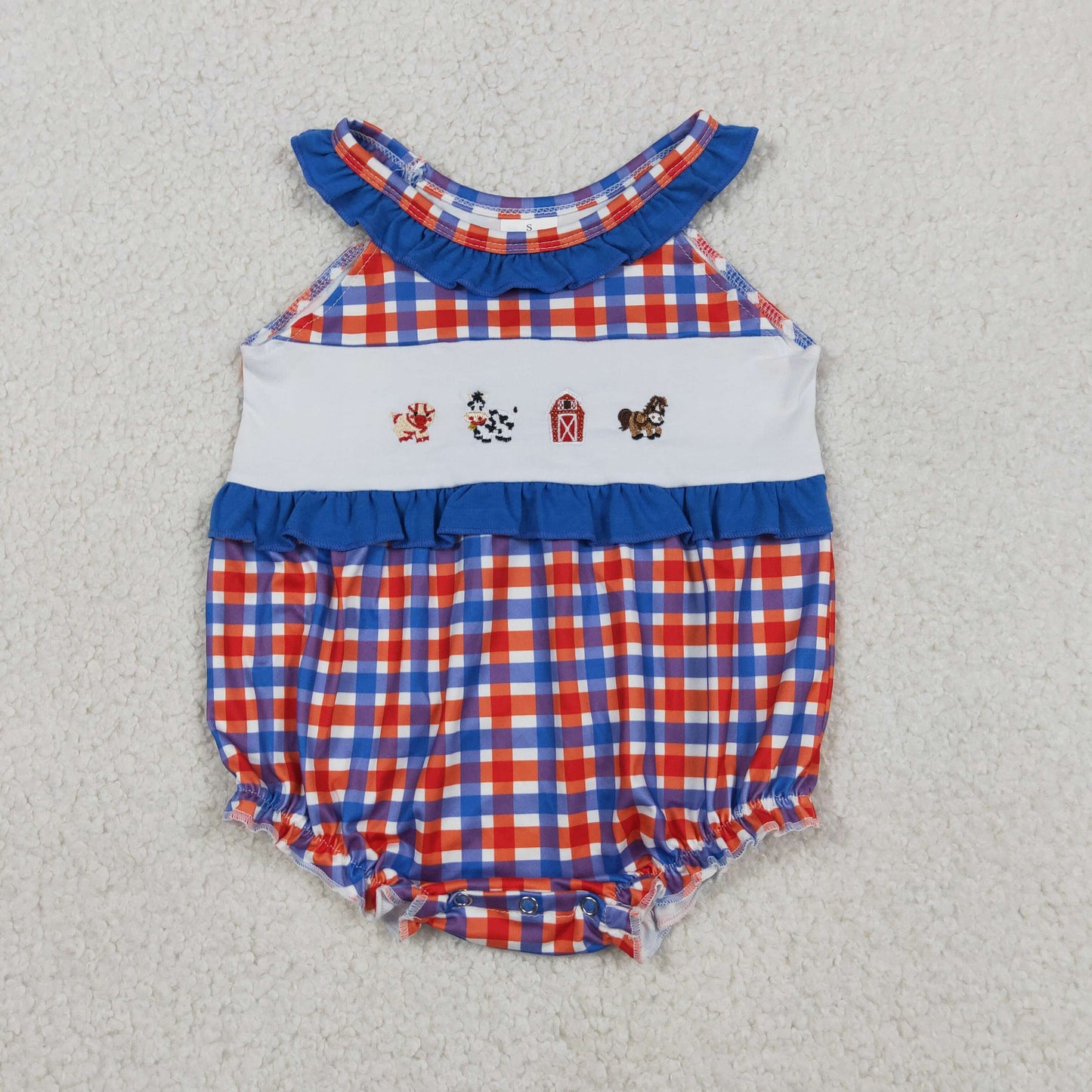 RTS NO MOQ milk silk SR3835 Baby Girls Farm Animal Embroidery Red Blue Checked Ruffle Rompers