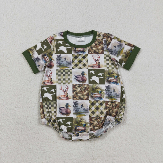 RTS NO MOQ SR3837 Baby Boys Short Sleeve Checked Hunting Rompers Deer Ducks Print