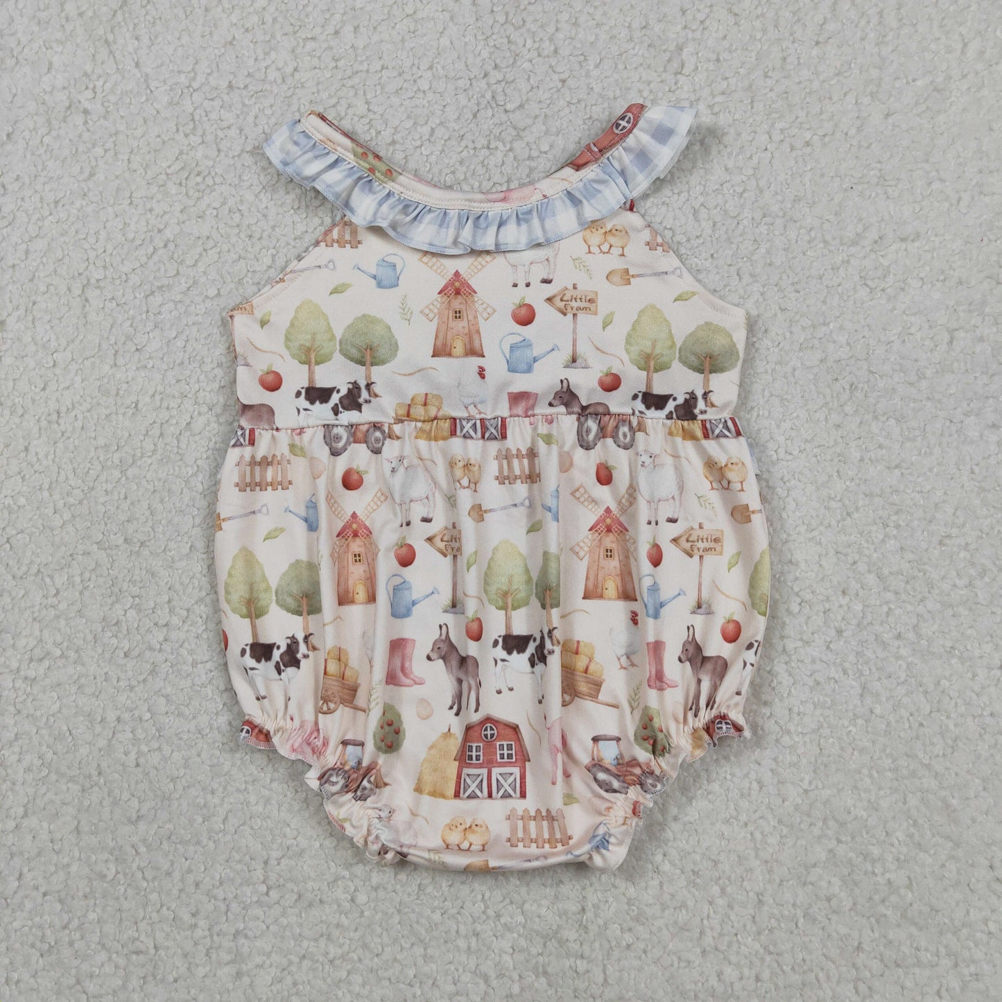 RTS NO MOQ Sibling Baby Girls Sleeveless Pigs Cows Tunic with Ruffle Checked Shorts Sets  Farm Ruffle Rompers Outfit