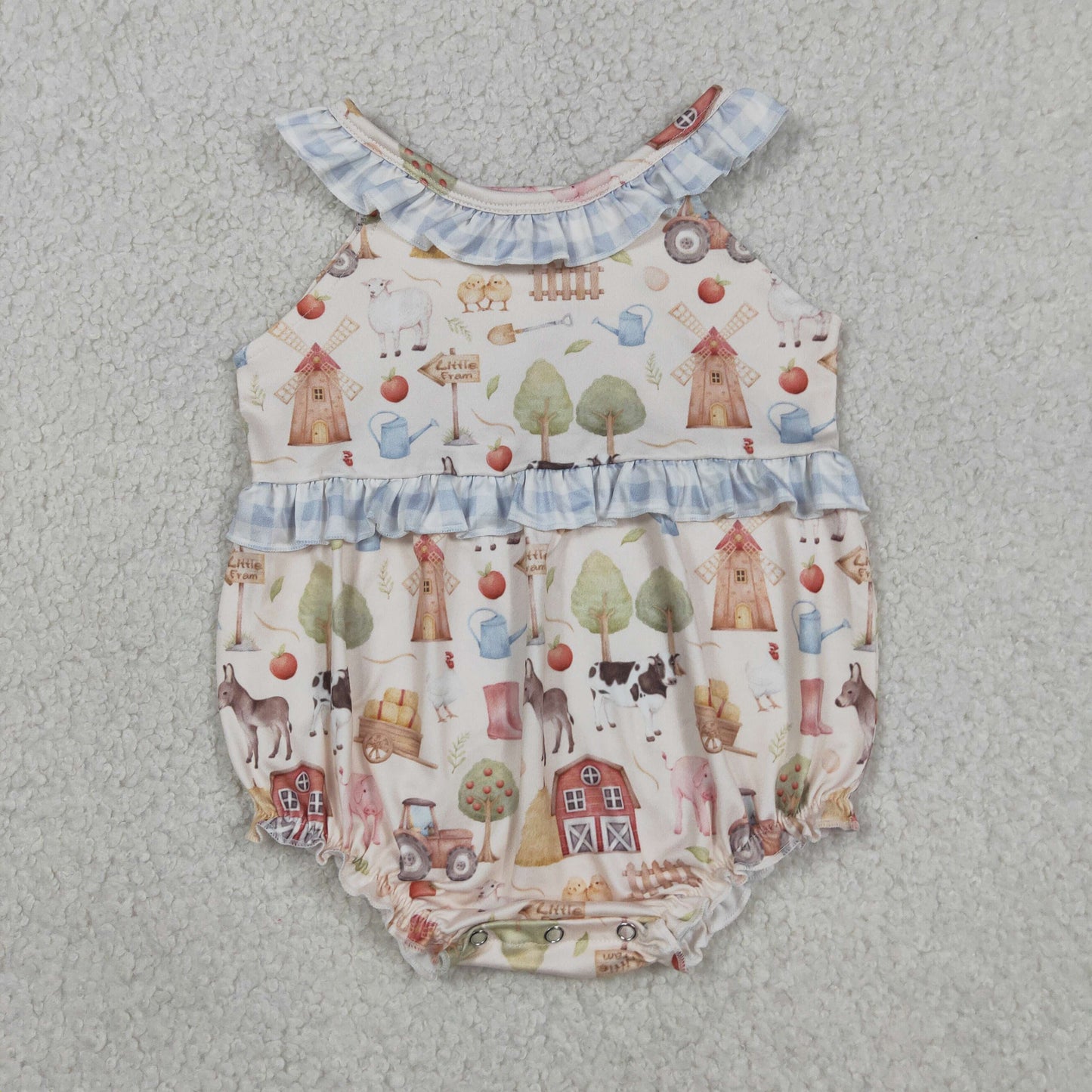 RTS NO MOQ Sibling Baby Girls Sleeveless Pigs Cows Tunic with Ruffle Checked Shorts Sets  Farm Ruffle Rompers Outfit