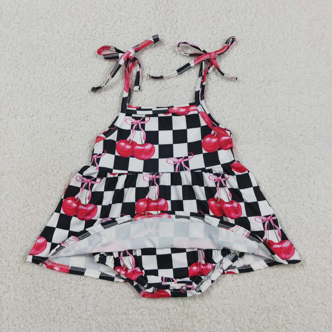 RTS NO MOQ SR3854 Baby Girls Cute Strap Black Checked Cherry Ruffle Rompers