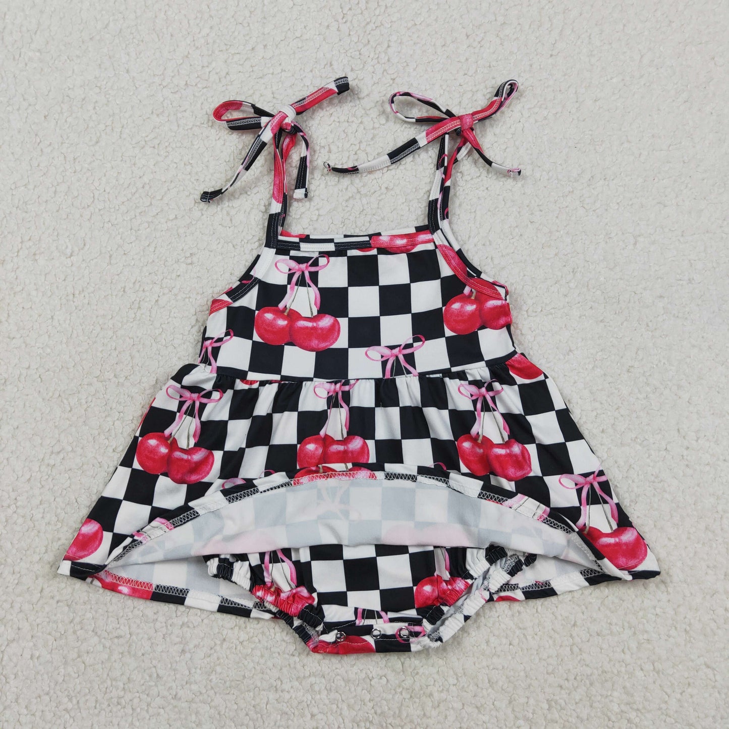 RTS NO MOQ milk silk Sibling Baby Girls Cute White Black Checked Cherry Tunic Shorts Set Strap Ruffle Tunic Rompers