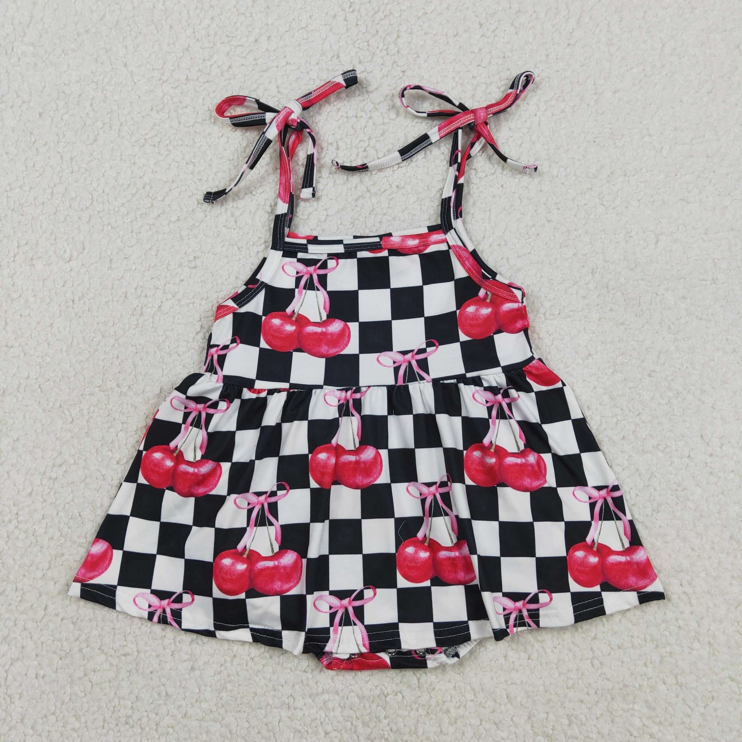 RTS NO MOQ SR3854 Baby Girls Cute Strap Black Checked Cherry Ruffle Rompers