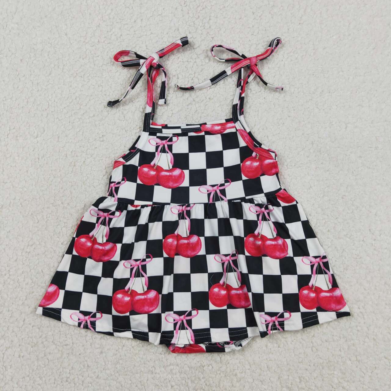 RTS NO MOQ SR3854 Baby Girls Cute Strap Black Checked Cherry Ruffle Rompers