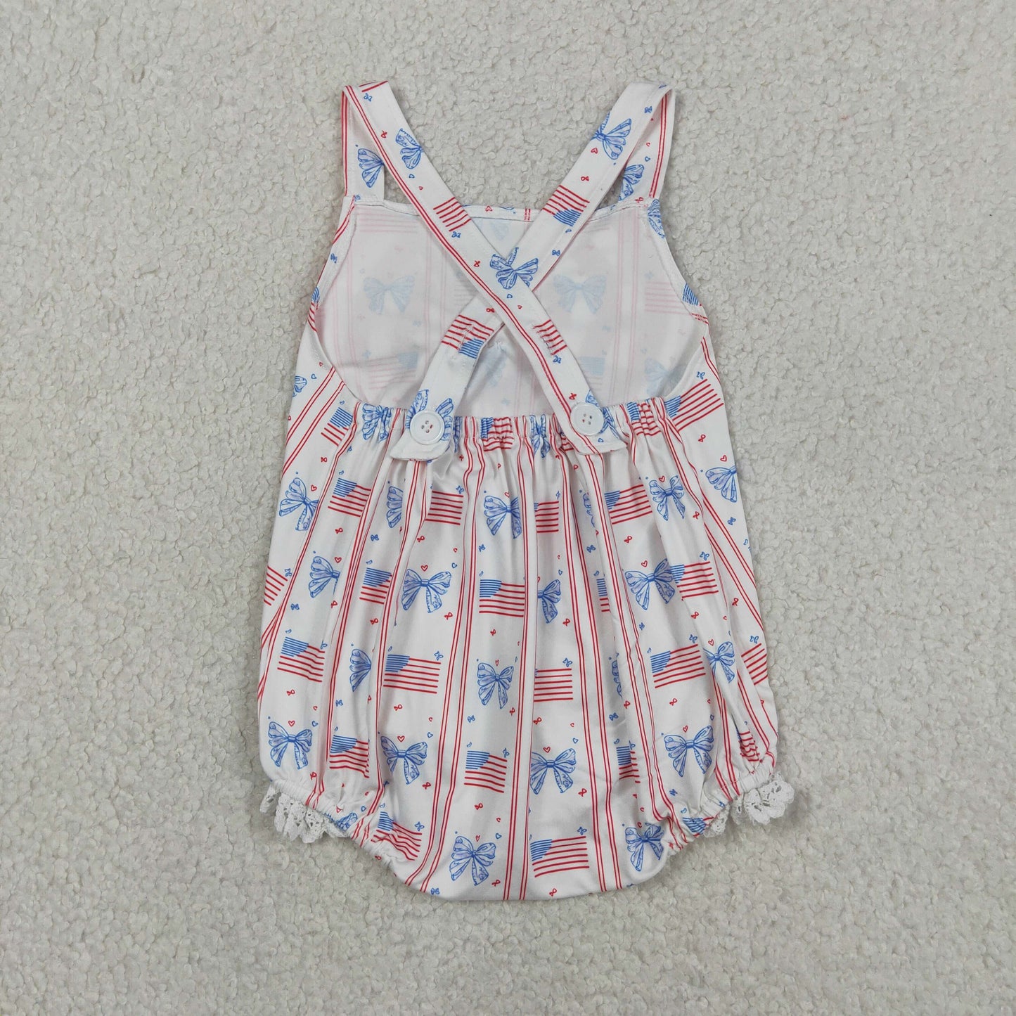 RTS NO MOQ SR3862 milk silk Baby Girls Cute Strap Flag Bow Stripe 4th of July Rompers