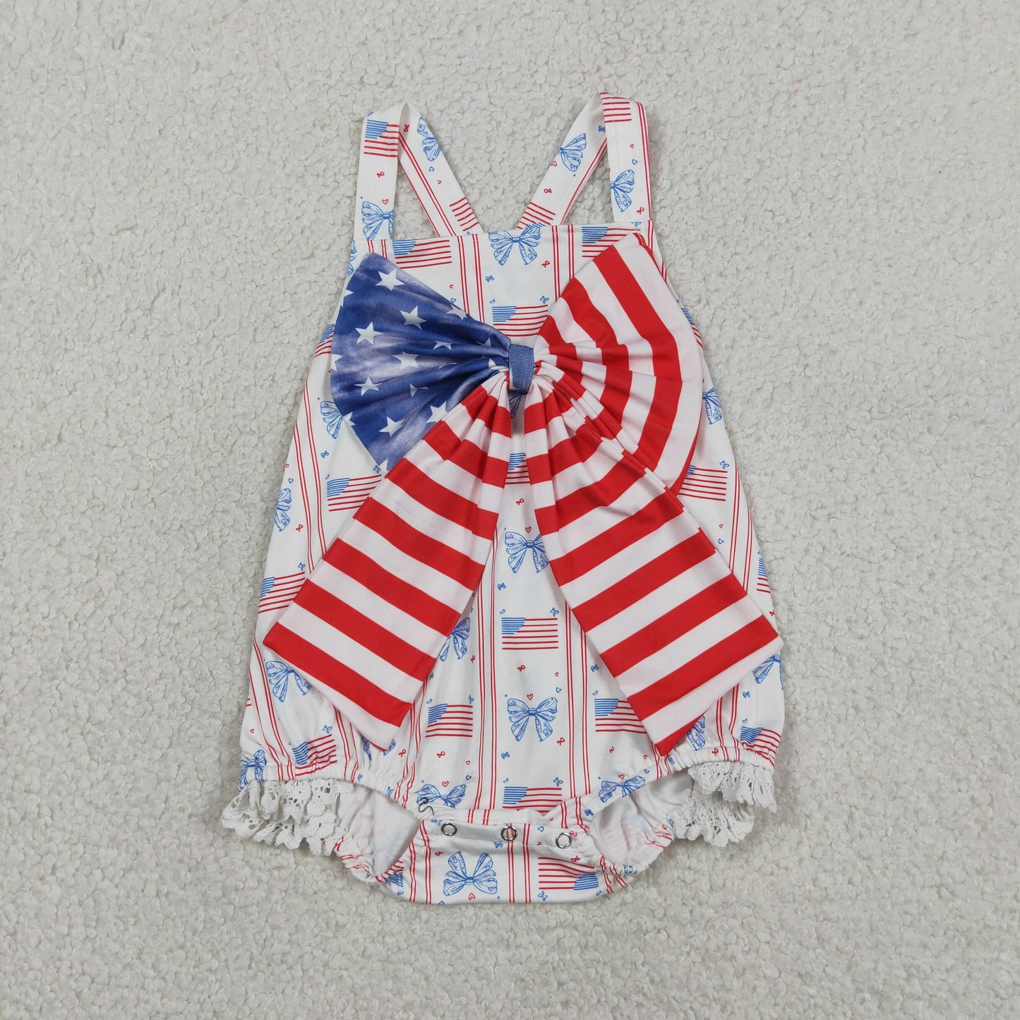 RTS NO MOQ SR3862 milk silk Baby Girls Cute Strap Flag Bow Stripe 4th of July Rompers