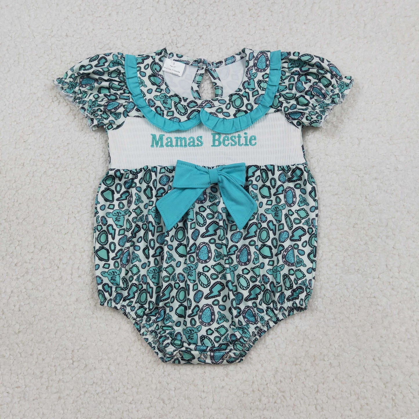 RTS NO MOQ SR3863 Smocked Mama's Bestie Baby Girls Collar Western Ruffle Rompers Cute Baby Outfit Summer Clothes for Infants