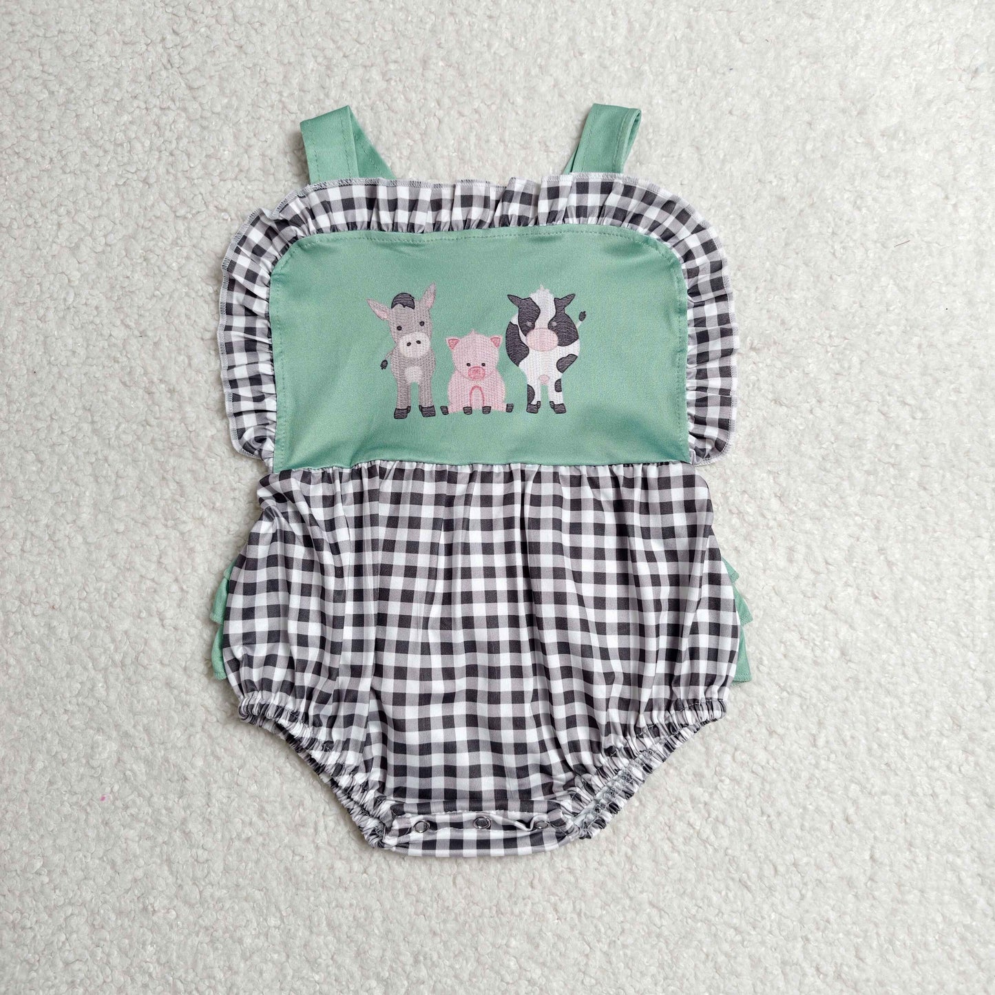 RTS NO MOQ milk silk SR3866 Baby Girls Summer Cute Strap Farm Plaid Ruffle Rompers