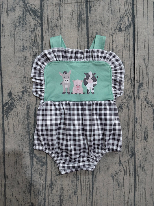(Pre Order) No moq SR3866 Baby Girls Summer Strap Farm Plaid Ruffle Rompers