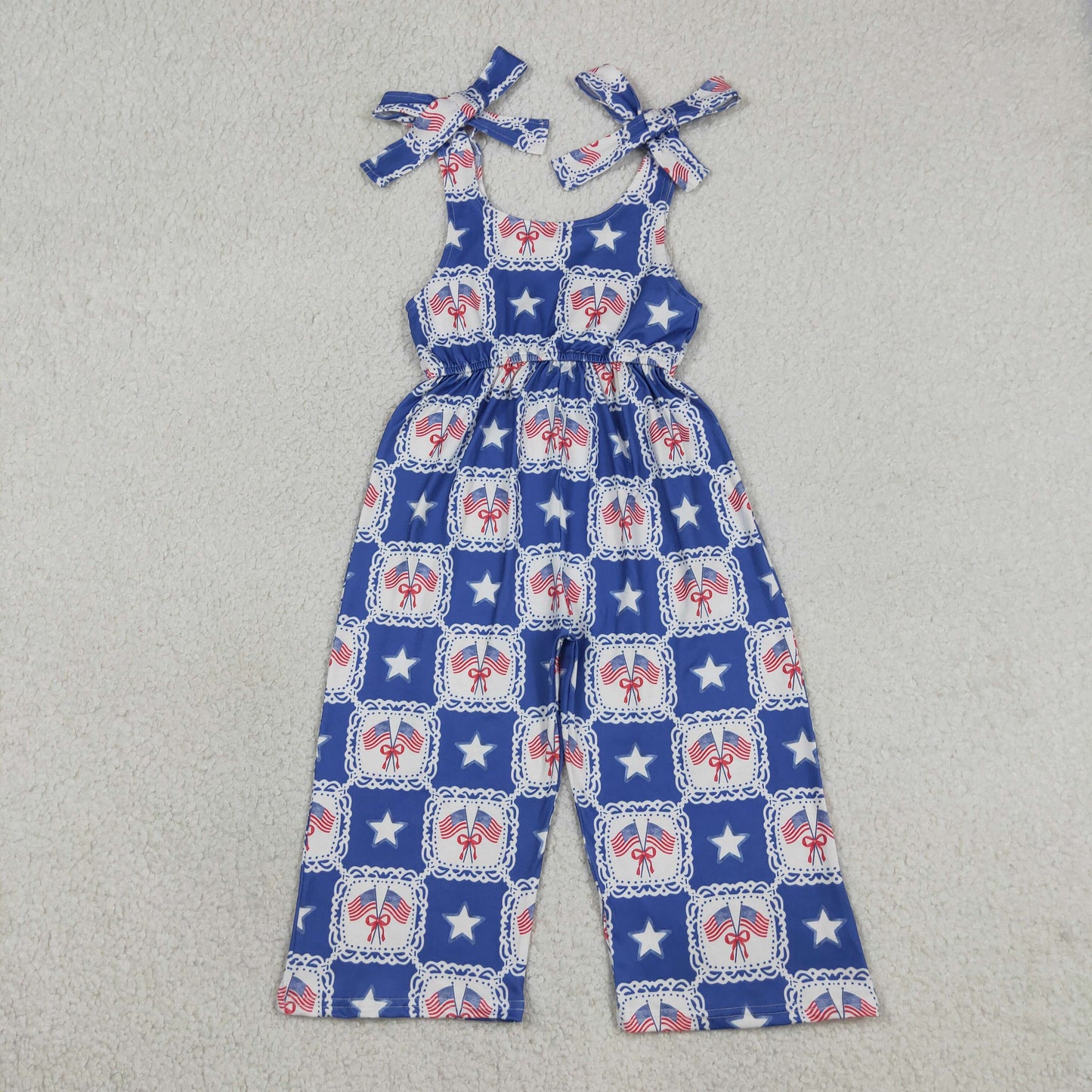 RTS NO MOQ Sibling milk silk Baby Girls 4th of July Bows Flags Stars Checked Dress Jumpsuits