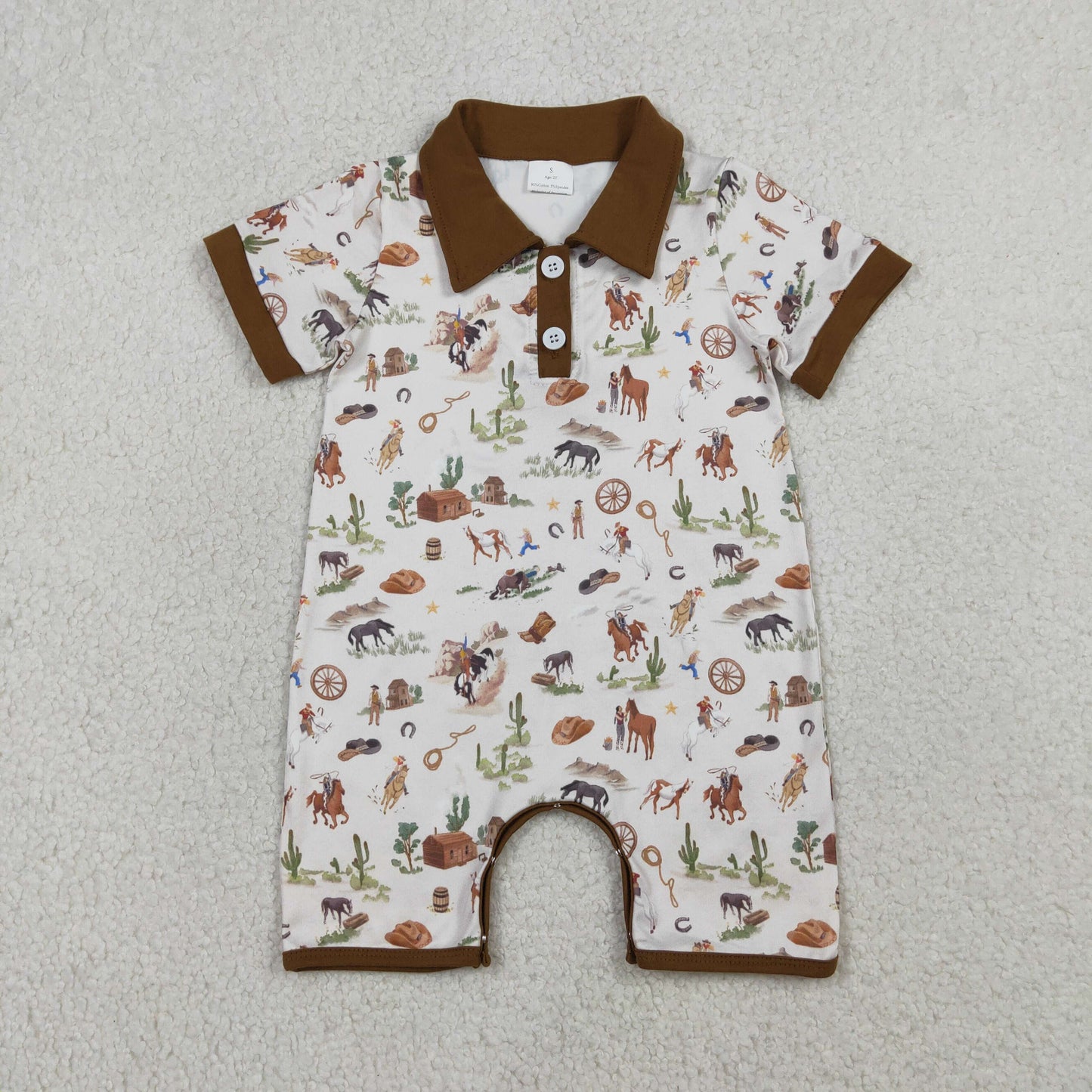 RTS NO MOQ SR3882 Baby Boys Western Short Rompers Button Horse Rodeos Cactus Print Outfit for Infants