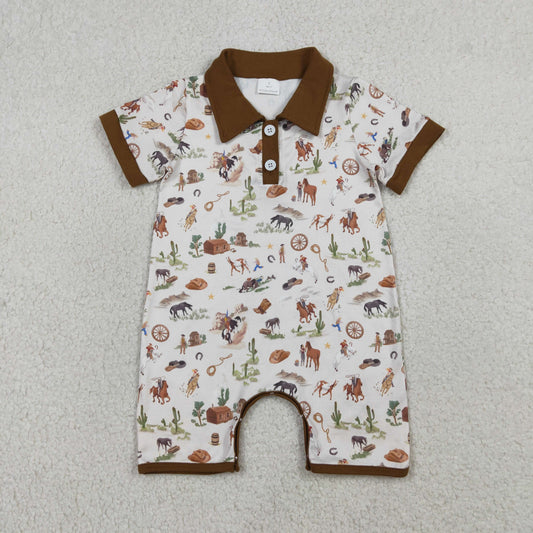 RTS NO MOQ SR3882 Baby Boys Western Short Rompers Button Horse Rodeos Cactus Print Outfit for Infants