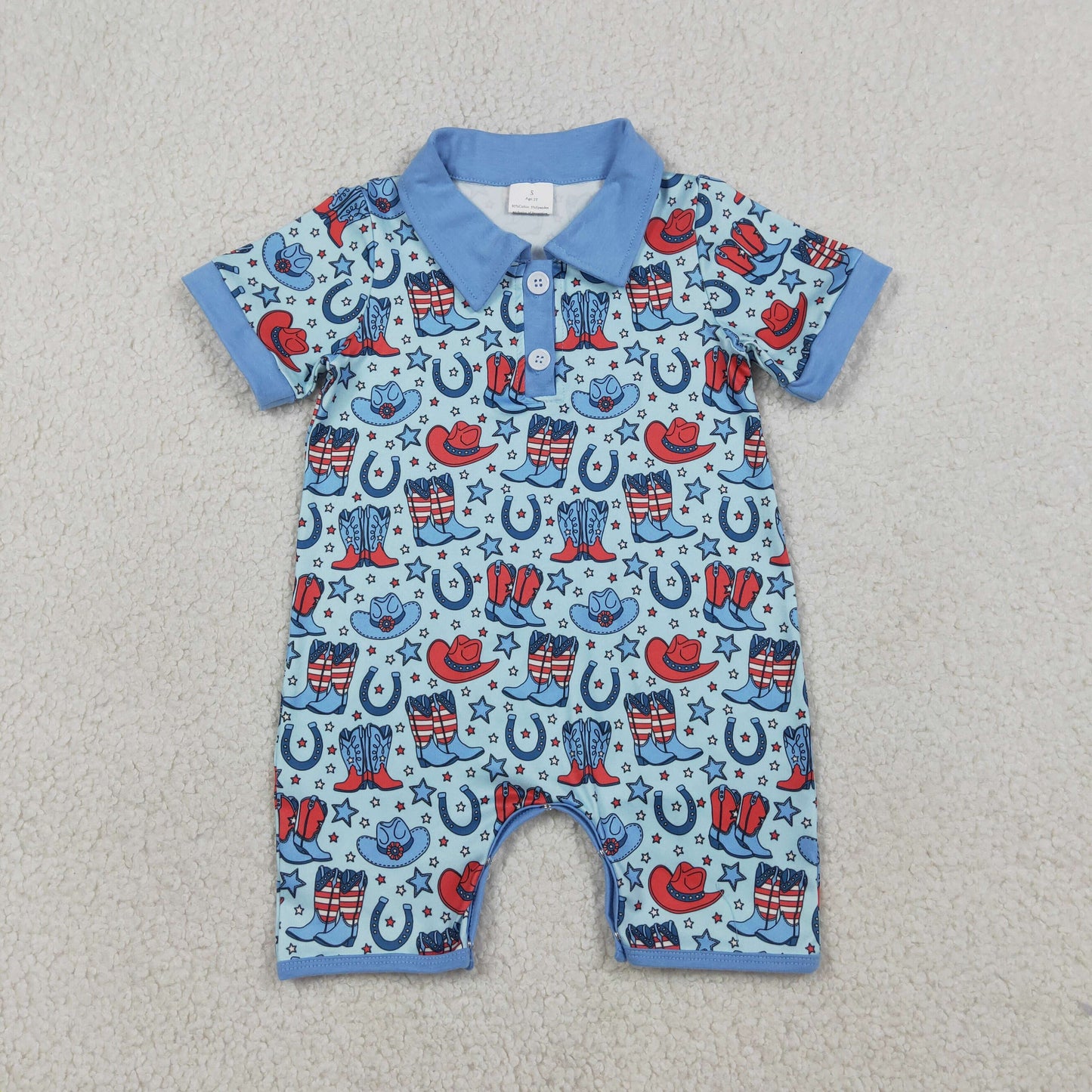 RTS NO MOQ milk silk Sibling Baby Boys Western Style 4th of July Star Pocket Short Clothes Set Button Rompers