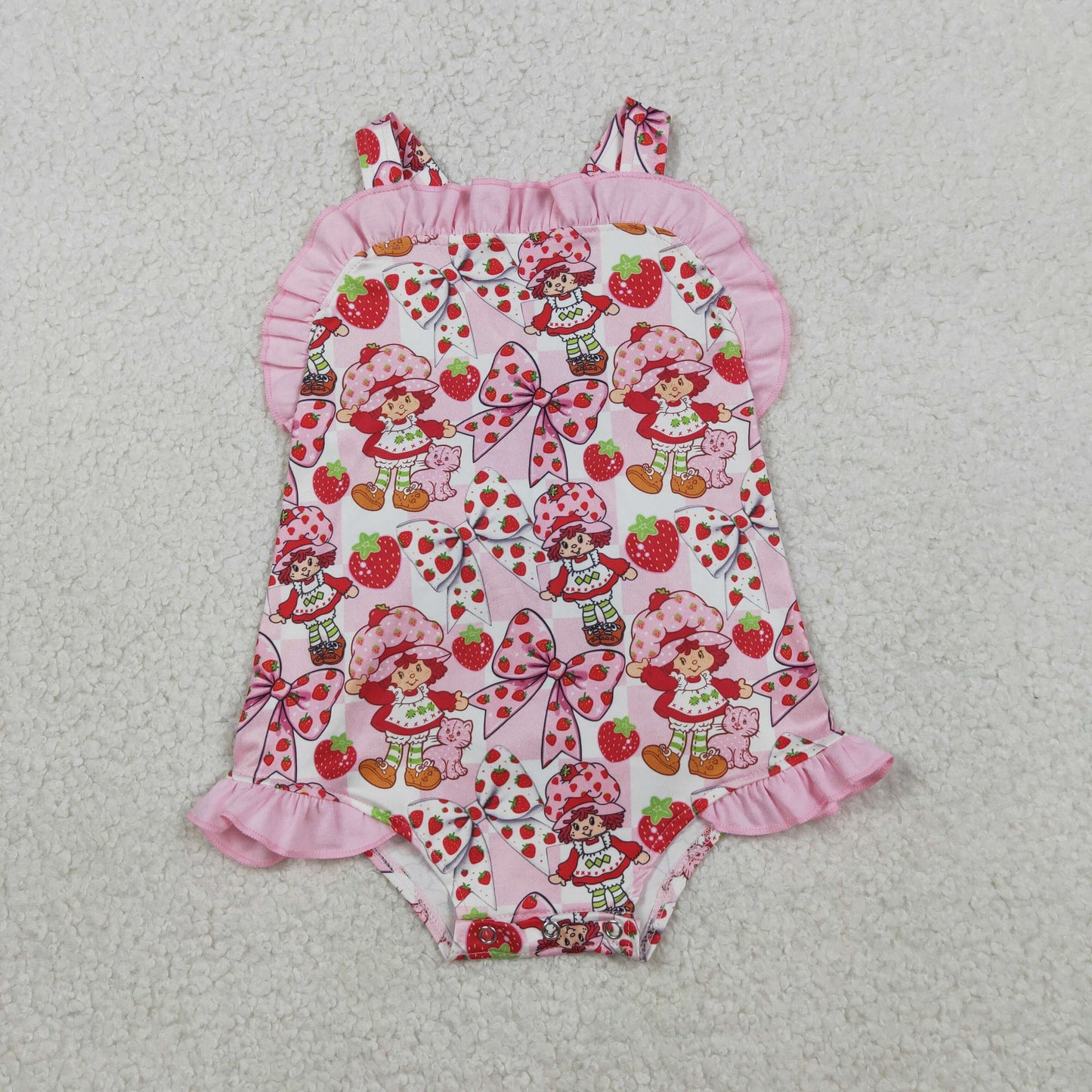 RTS NO MOQ Sibling Cute Clothes Baby Girls Strawberry Print Tunic Ruffle Short Set with Back Bow Rompers