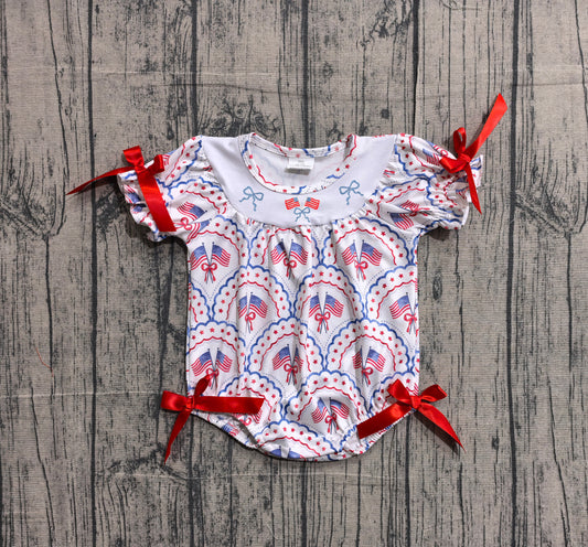 (Sample) No moq SR3887 Embroidered Baby Girls  Bows Flags Ruffle Rompers Checked 4th of July Outfit for Girls
