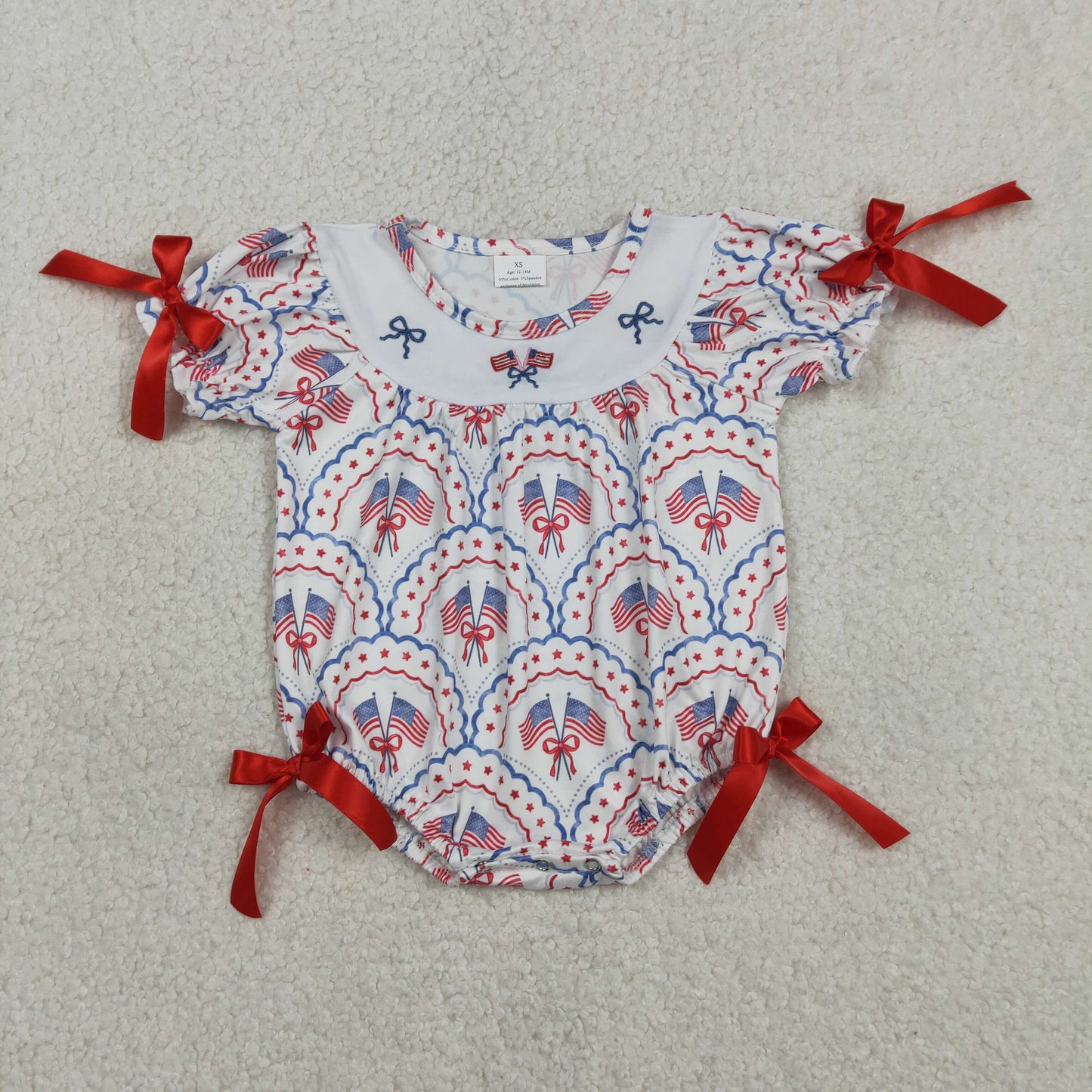 RTS NO MOQ Sibling Baby Girls' Checked Knee-Length Dress Rompers with Embroidery Bow for 4th of July Red White And Blue Outfit