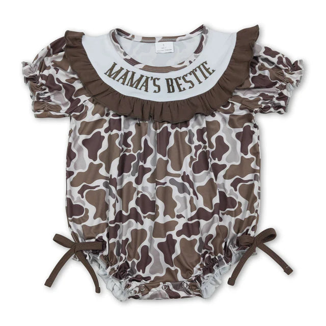 RTS NO MOQ Sibling milk silk Baby Boys Girls Embroidery Daddys Girl Camo Ruffle Rompers