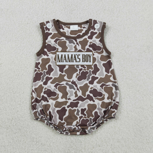RTS NO MOQ SR3889 Southern Brown Camo Sleeveless Rompers for Baby Boys Embroidery 'Mama's Boy'