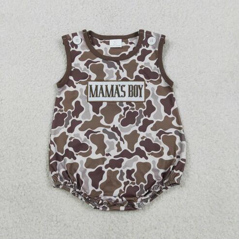 RTS NO MOQ Sibling Embroidery Mama's Boy Girl Brown Camouflage Shorts Outfit Set Dress Rompers for Children Baby Clothing Set