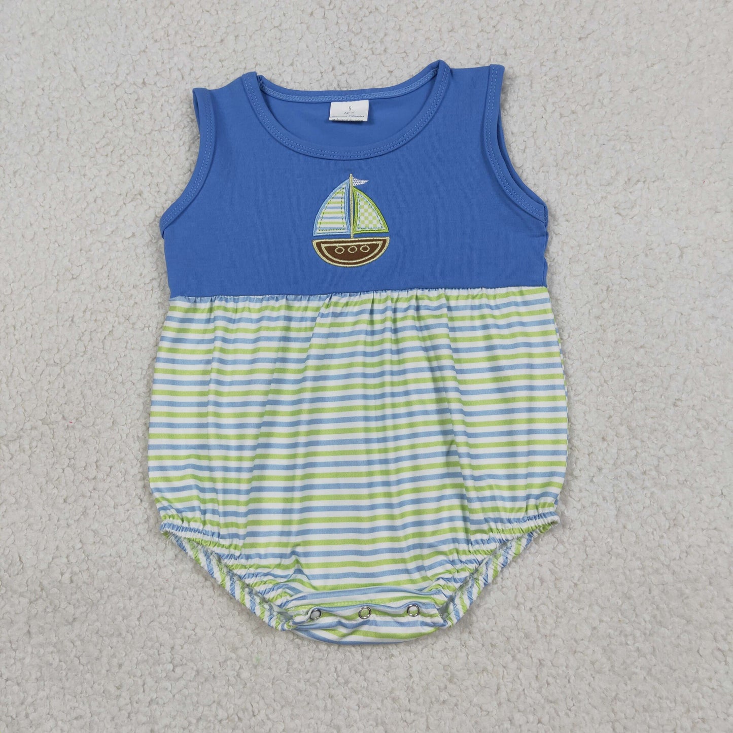 RTS NO MOQ milk silk SR3892 Baby Boys Sleeveless Stripe Embroidery Boat Baby Rompers