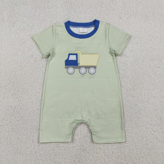RTS NO MOQ SR3893 Baby Boys Green Stripe Rompers Short Sleeve Embroidery Tractors