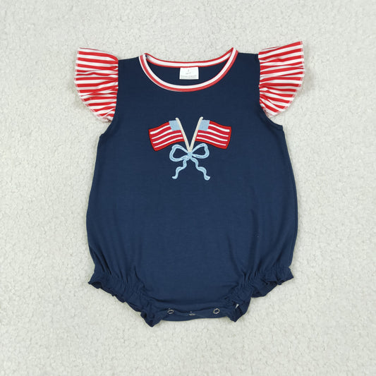 RTS NO MOQ SR3903 Baby Girls' 4th of July Ruffle Rompers with Embroidery Bows Flags And Flutter Sleeves for Infant Girls
