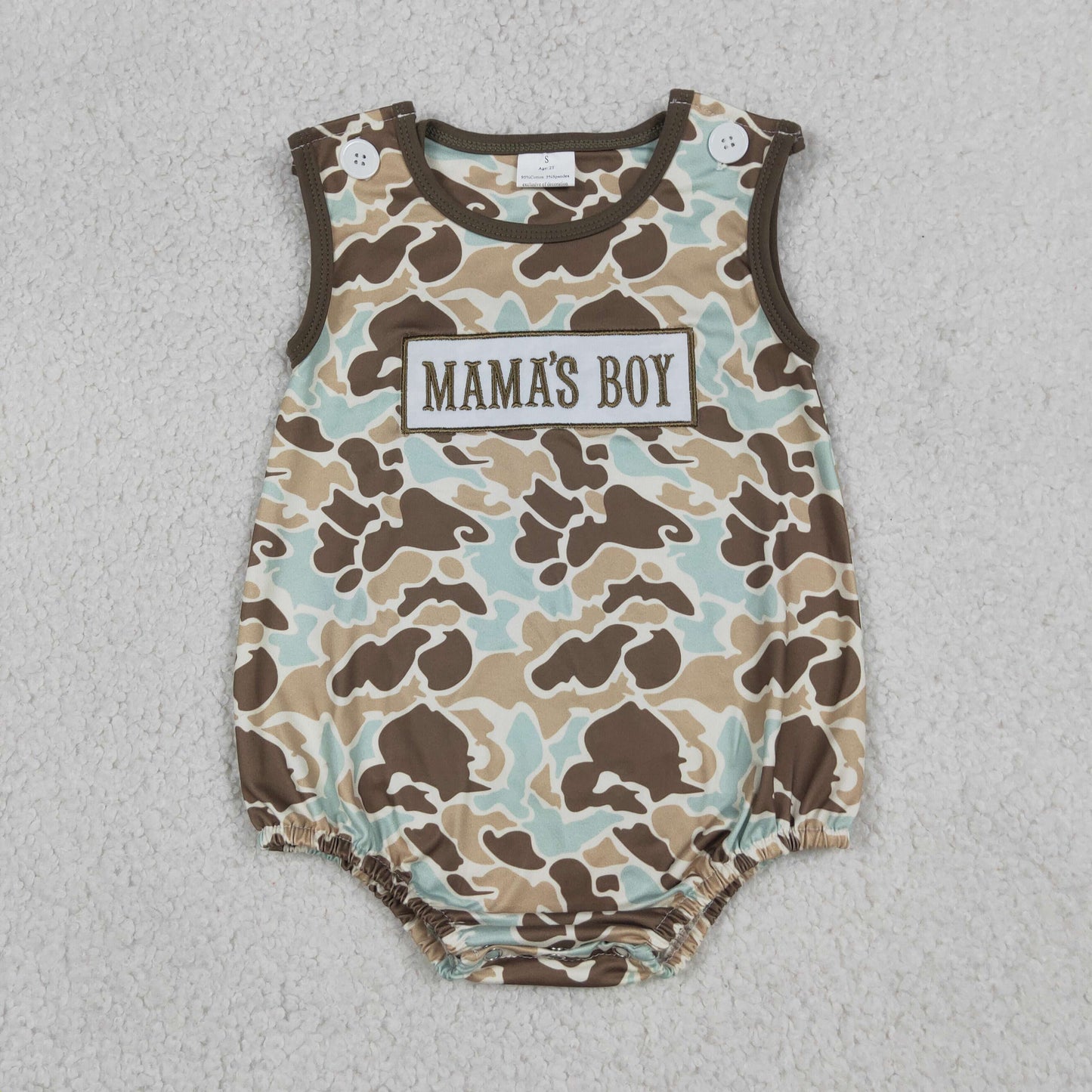 RTS NO MOQ milk silk SR3907 Baby Boys Camo Embroidery Mama's Boy Sleeveless Romper