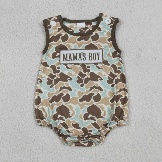 RTS NO MOQ milk silk SR3907 Baby Boys Camo Embroidery Mama's Boy Sleeveless Romper