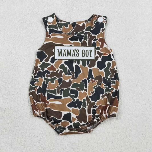 RTS NO MOQ SR3908 Baby Boys Southern Dark Brown Camo Rompers Embroidery Mama's Boy Sleeveless