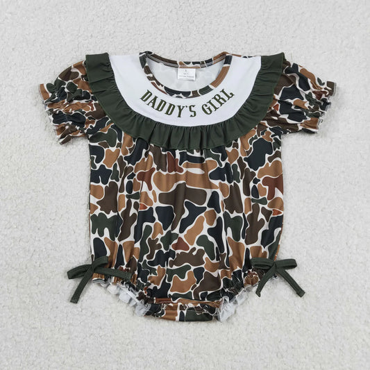 Best Sell Daddy's Girls Print Southern Dark Brown Camo Ruffle Rompers Embroidery for Girls