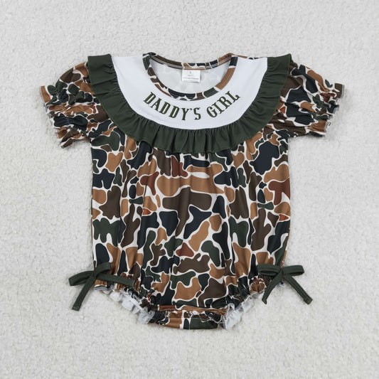 RTS NO MOQ SR3916 Daddy's Girls Dark Brown Camo Ruffle Rompers Embroidery for Girls