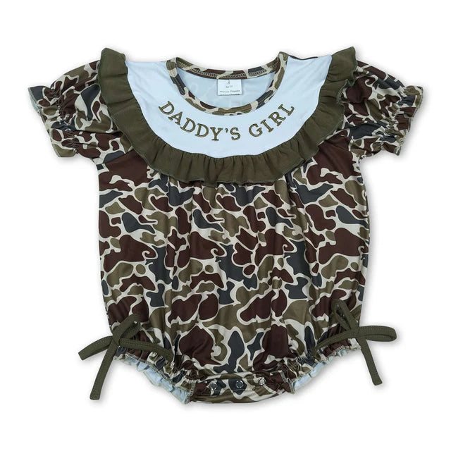 RTS NO MOQ Sibling milk silk Baby Boys Girls Embroidery Daddys Girl Camo Ruffle Rompers