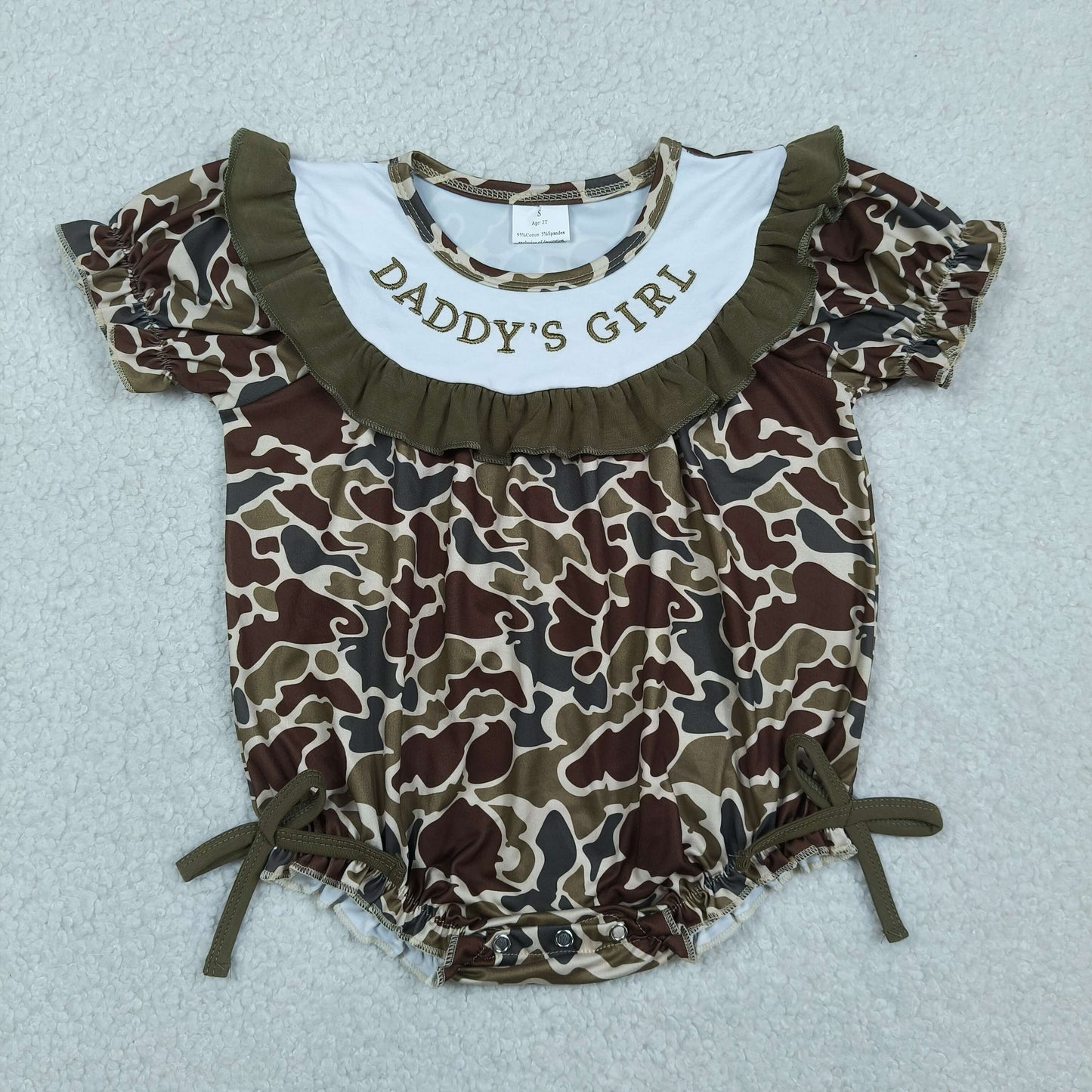 RTS NO MOQ SR3919 Baby Girls Dark Khaki Camo Daddys Girl Embroidery Ruffle Rompers