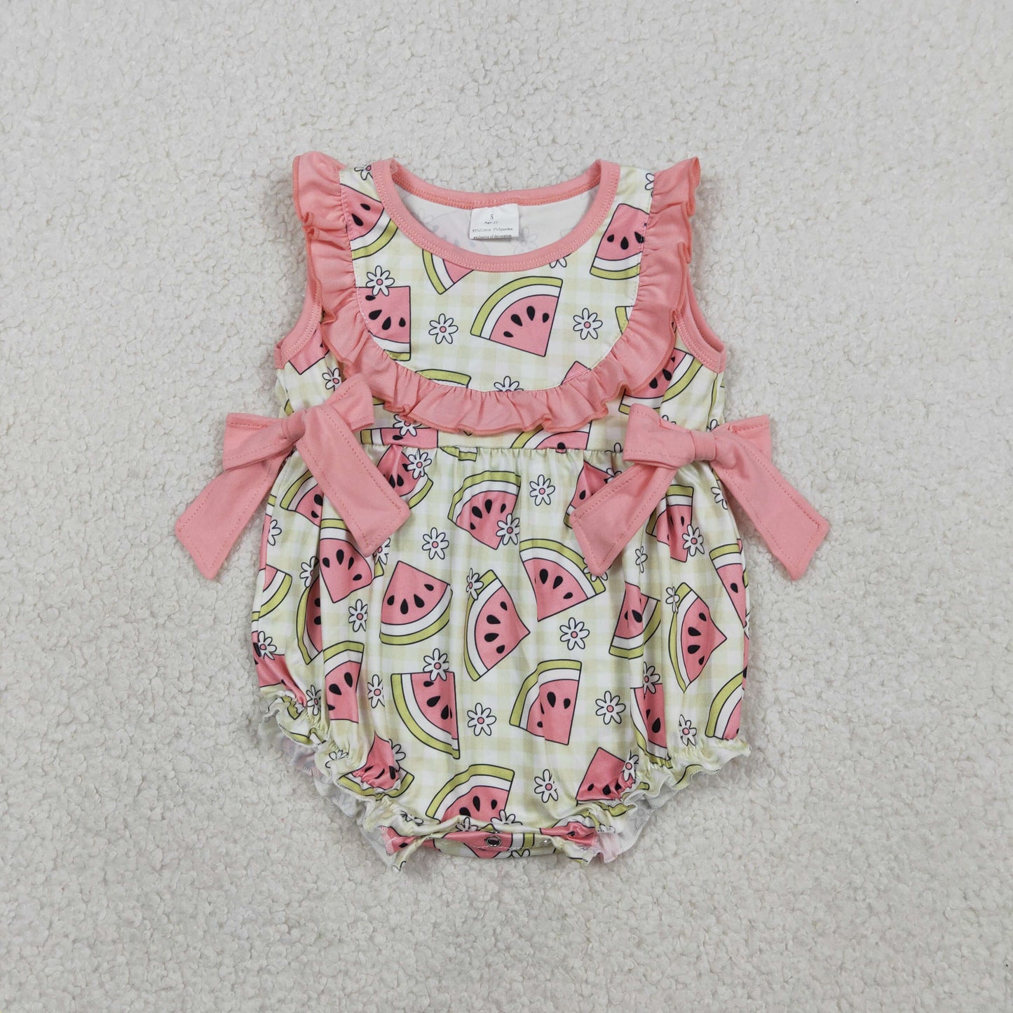 RTS NO MOQ SR3920 Baby Girls Sleeveless Rompers Green Checked with Watermelons Print Ruffle Design for Infants