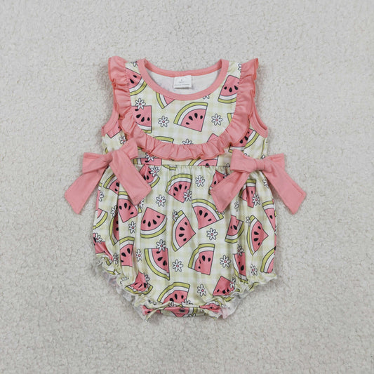 RTS NO MOQ SR3920 Baby Girls Sleeveless Rompers Green Checked with Watermelons Print Ruffle Design for Infants