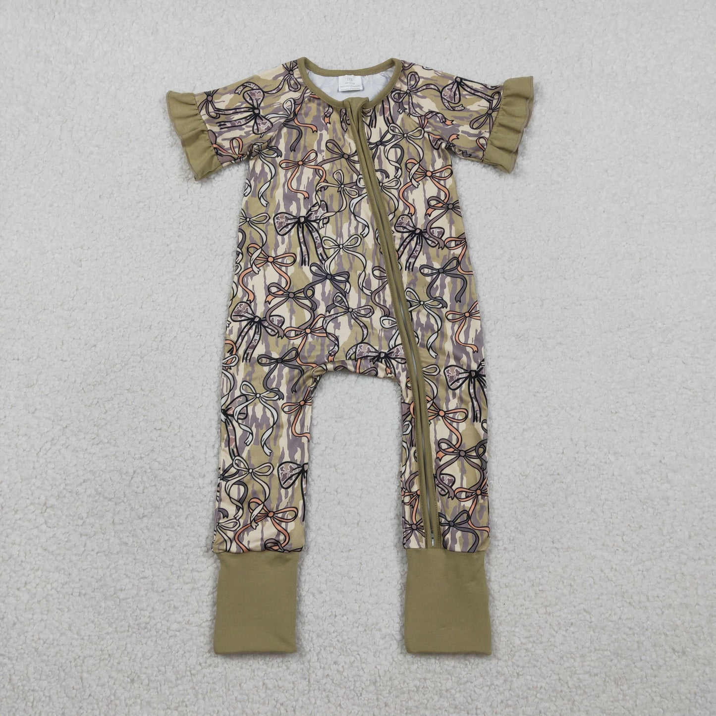 RTS NO MOQ SR3931 Baby Girls Southern Olive Camouflage Rompers with Bows Two-Way Zip