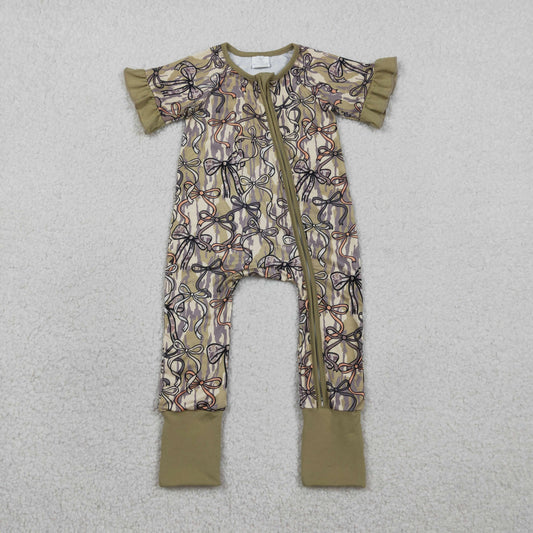 RTS NO MOQ SR3931 Baby Girls Southern Olive Camouflage Rompers with Bows Two-Way Zip