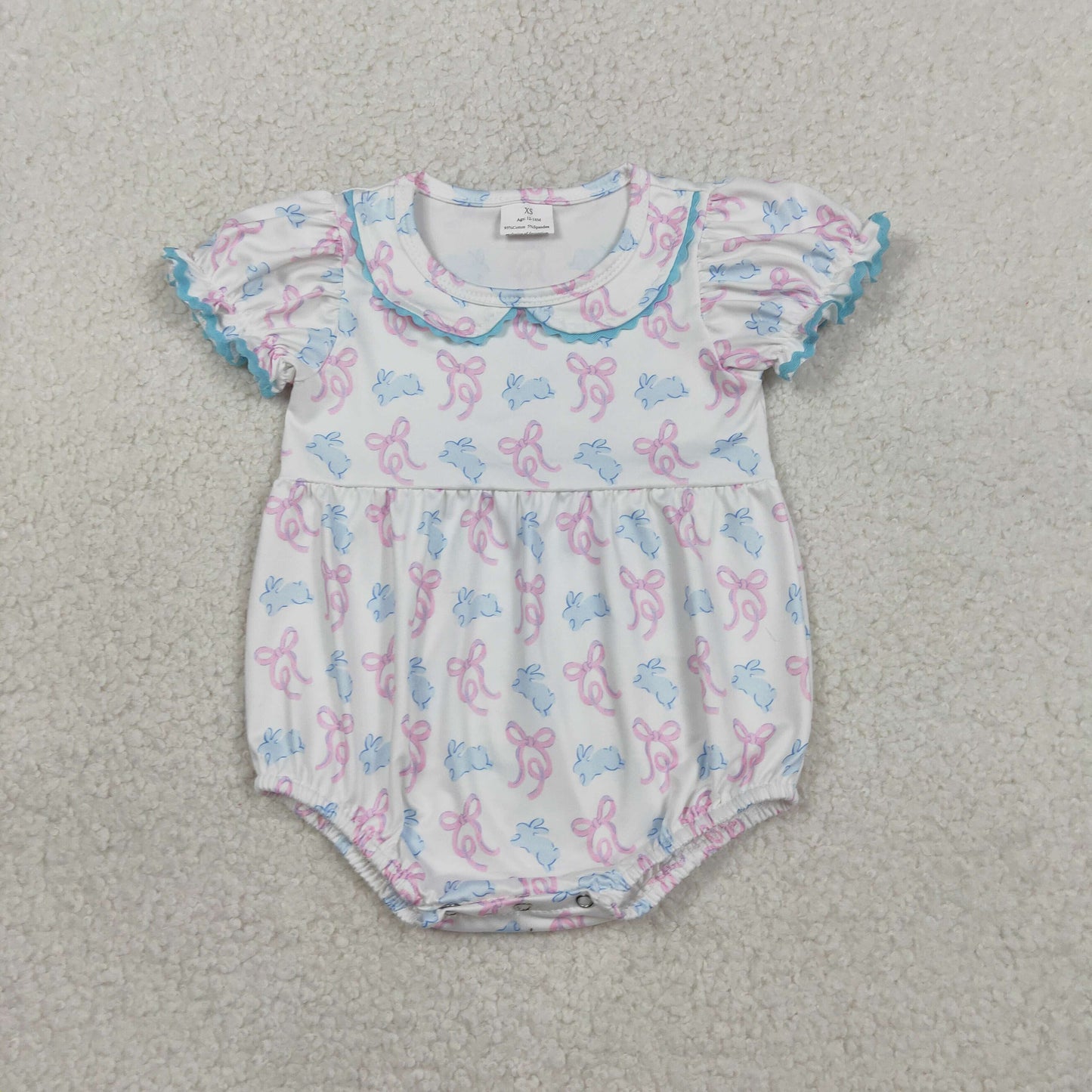 RTS NO MOQ SR3938 Baby Girls Easter Themed Ruffle Rompers with Short Sleeves Bow Detail And Cute Rabbit Collar for Infants