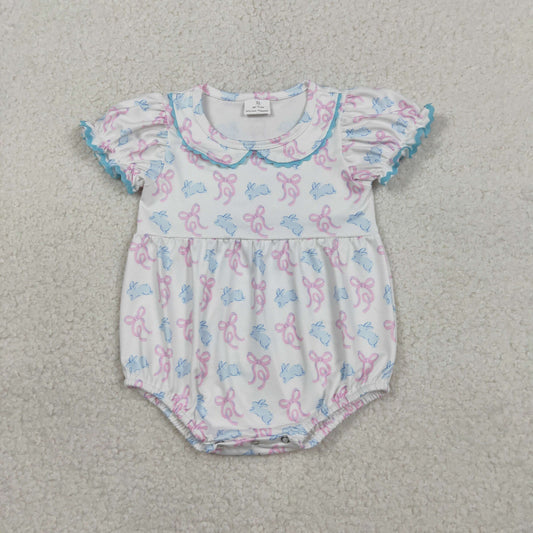 RTS NO MOQ SR3938 Baby Girls Easter Themed Ruffle Rompers with Short Sleeves Bow Detail And Cute Rabbit Collar for Infants