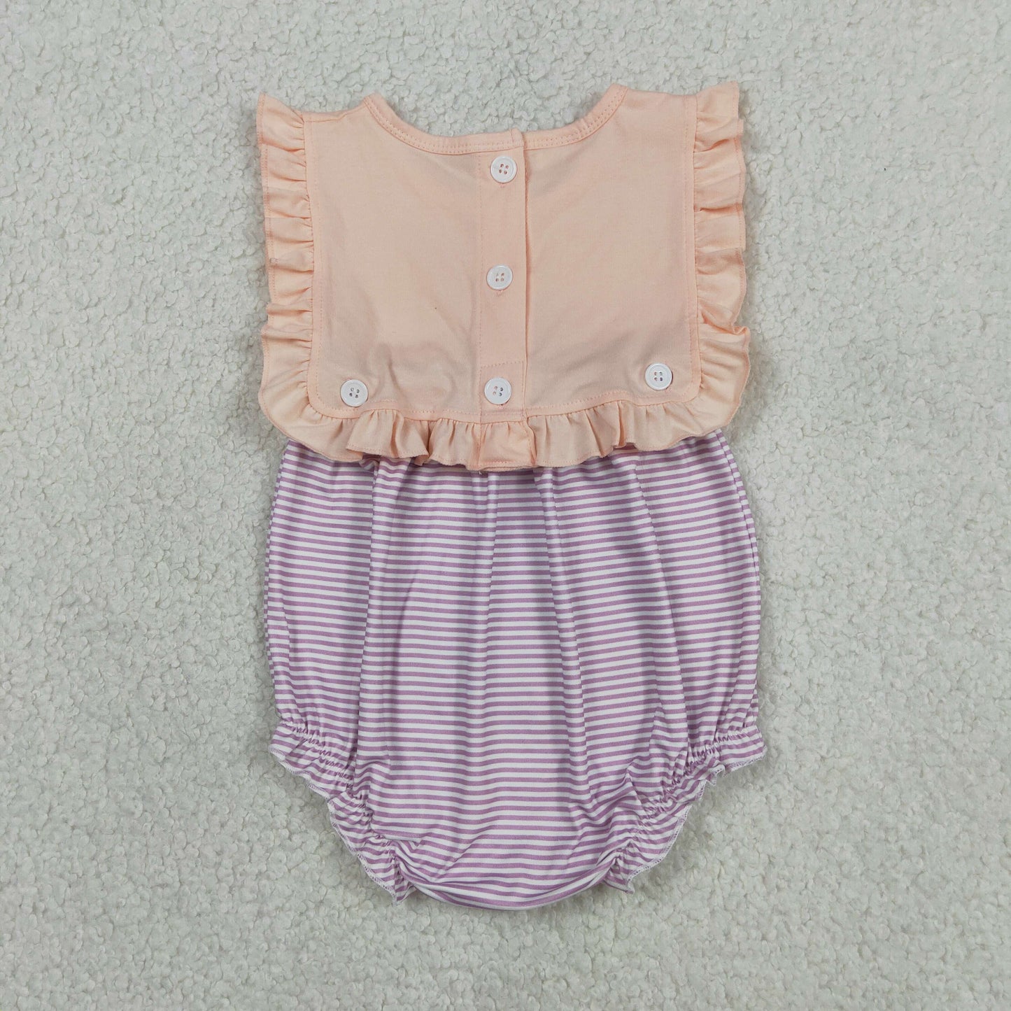 RTS NO MOQ Sibling Baby Girls Peach Lavender Stripe Sleeveless Button Dress Back Button Ruffle Rompers