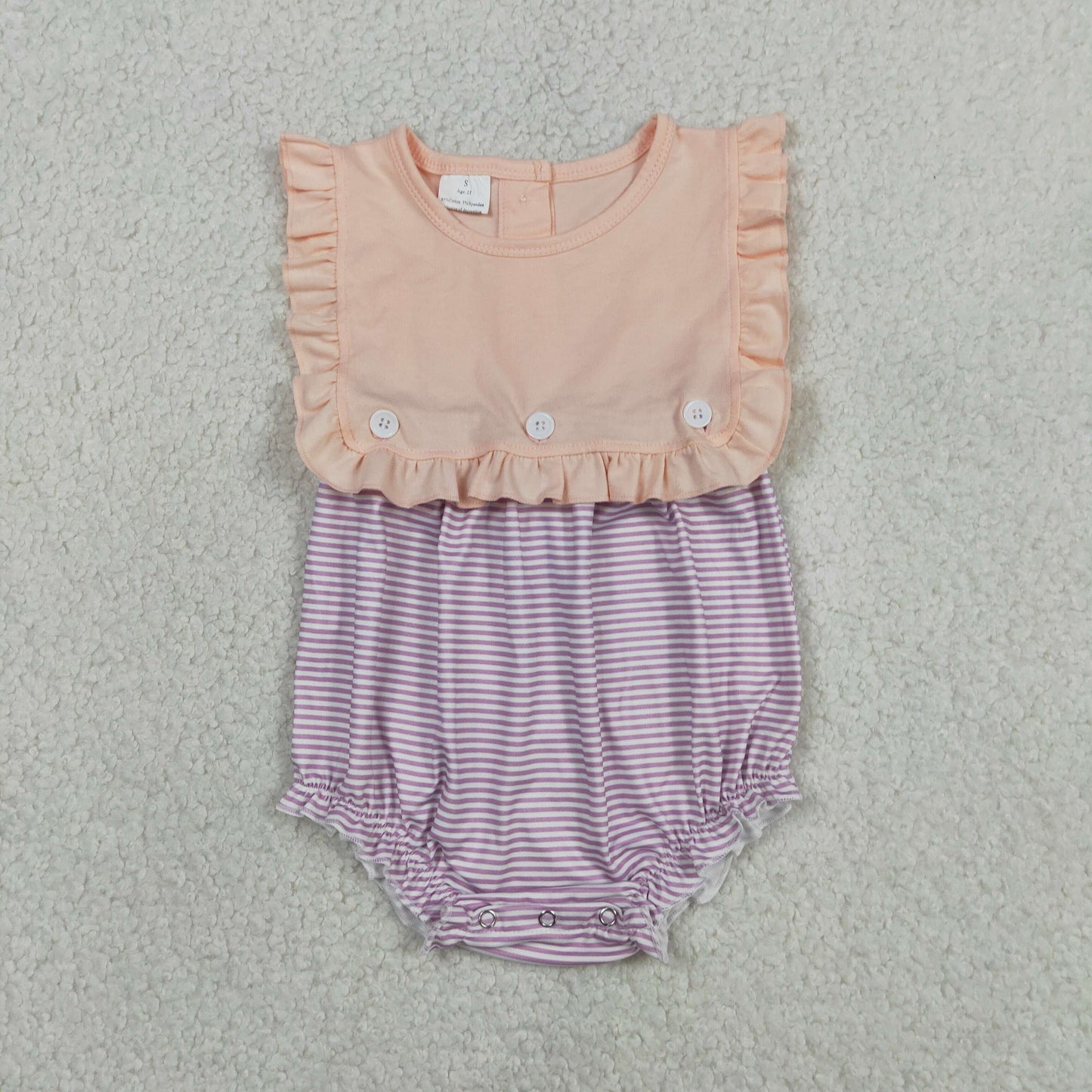 RTS NO MOQ SR3941 Baby Girls Cute Lavender Stripe Sleeveless Back Button Ruffle Rompers