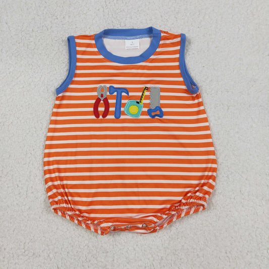 RTS NO MOQ SR3943 Baby Boys Embroidery Tools Sleeveless Orange Stripe Rompers for Newborns