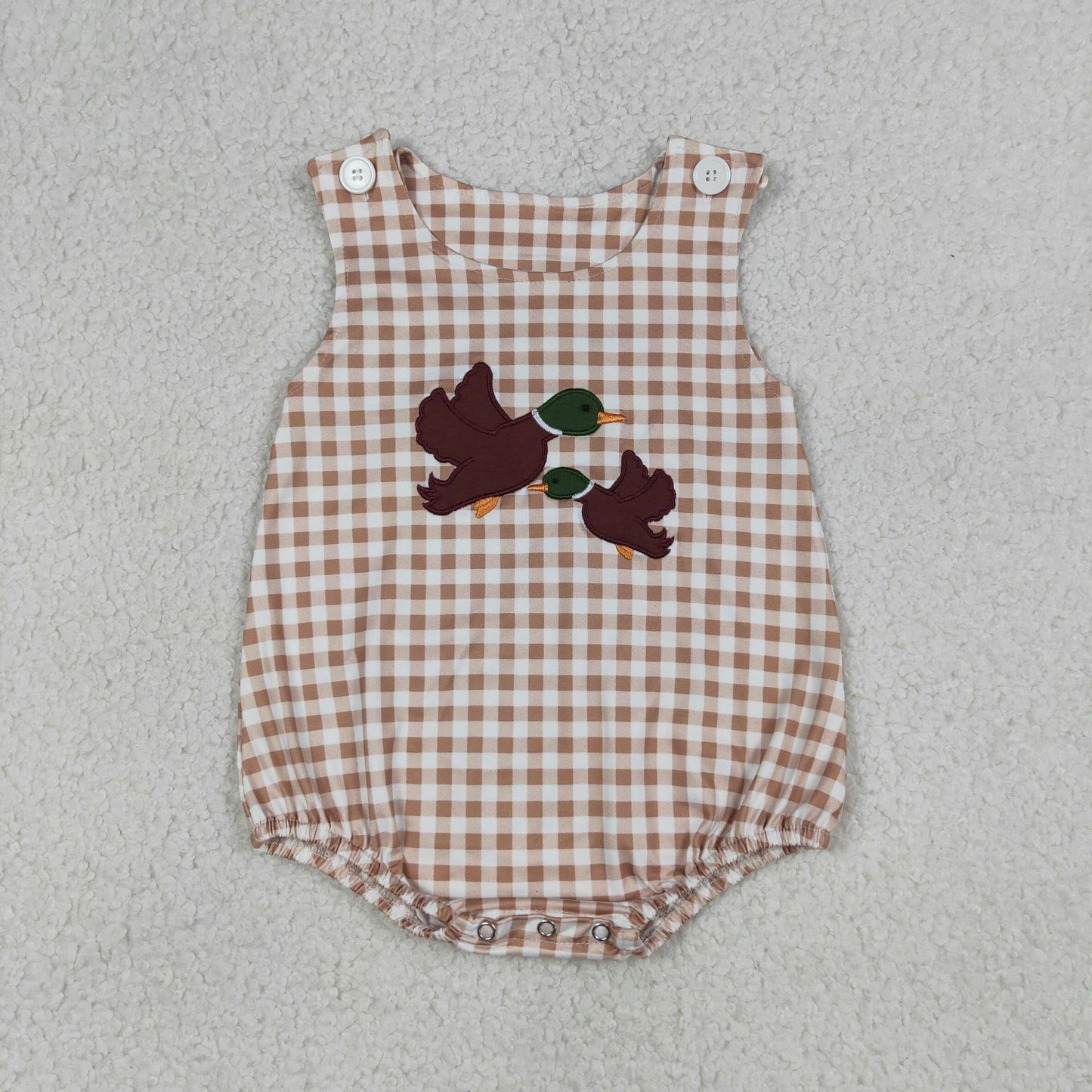 RTS NO MOQ SR3958 Baby Boys Embroidery Ducks Sleeveless Rompers Checked Hunting Clothes